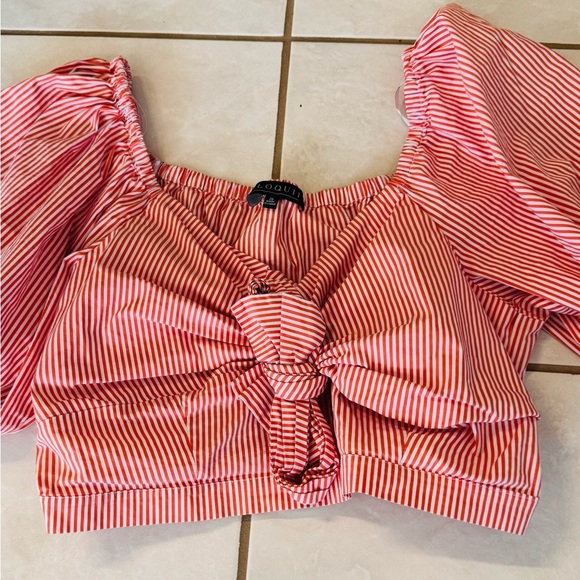 Plus Size Womens Eloquii Stripe Puff Sleeve Tie Front Top Size 20 Orange - Picture 9 of 9